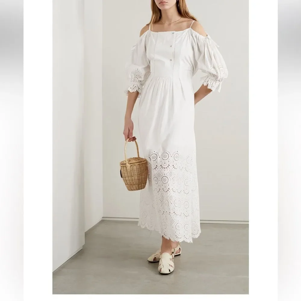 ULLA JOHNSON Narcisa cold-shoulder broderie anglaise cotton maxi dress size 8